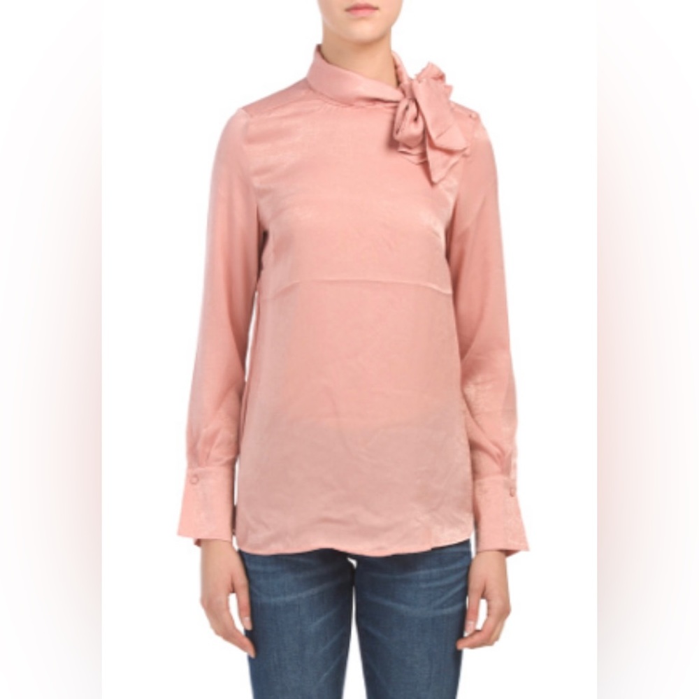 JAPNA, Juniors Tie Neck Satin Long Sleeve Blouse, size L
